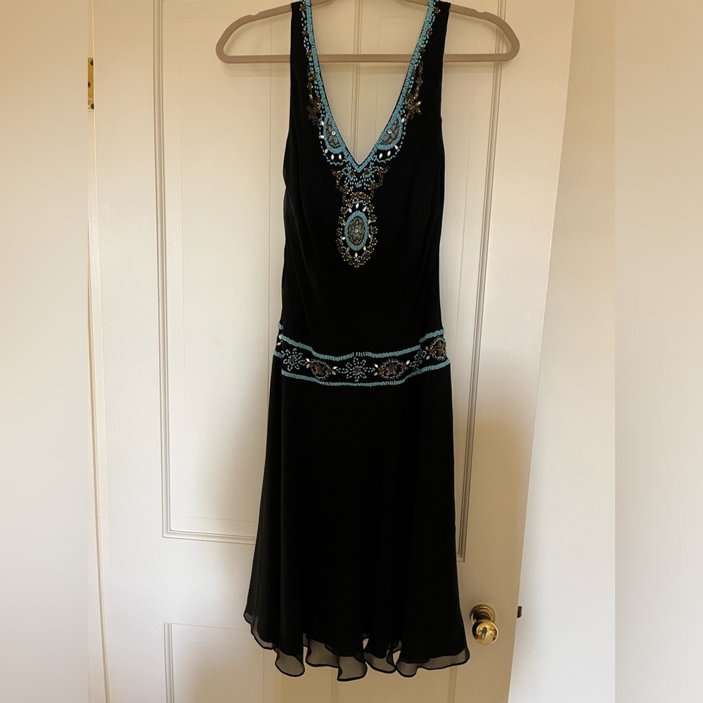 Vintage Vera Cristina Turquoise Beaded black silk drop waist dress size 6